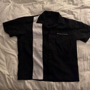 Men's Black Short-Sleeve Button-Down Shirt with White Vertical Panel